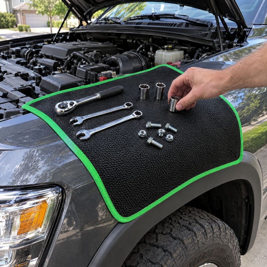 Magnetic tool mat on a car fender holding wrenches and sockets