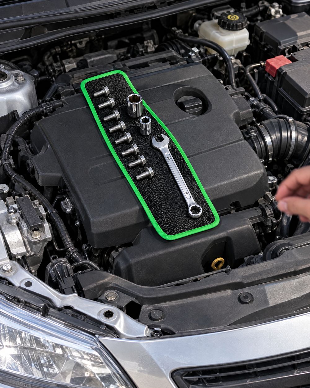 Narrow magnetic strip on an engine cover holding bolts and a wrench