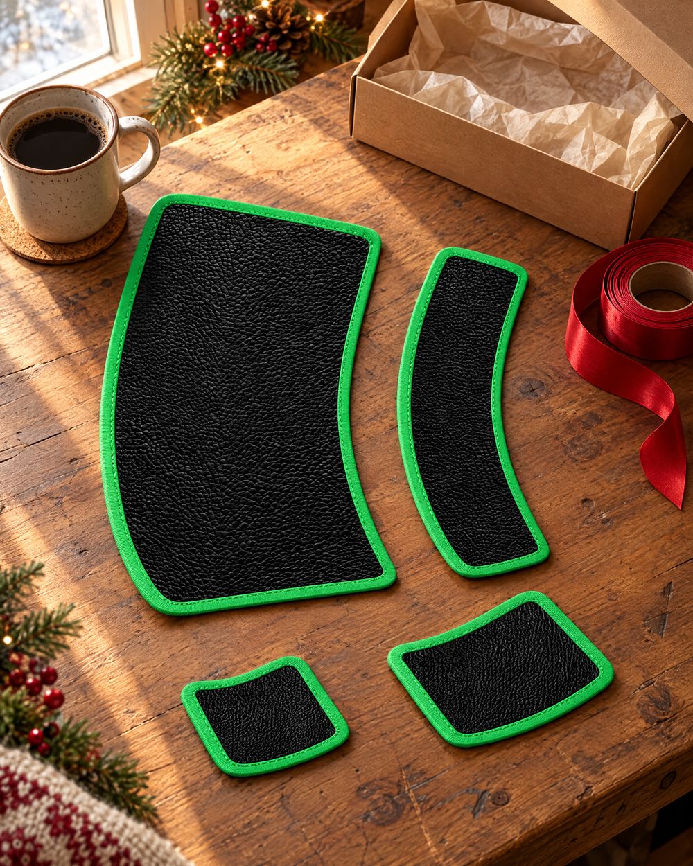 Set of 4 magnetic mats next to a gift box