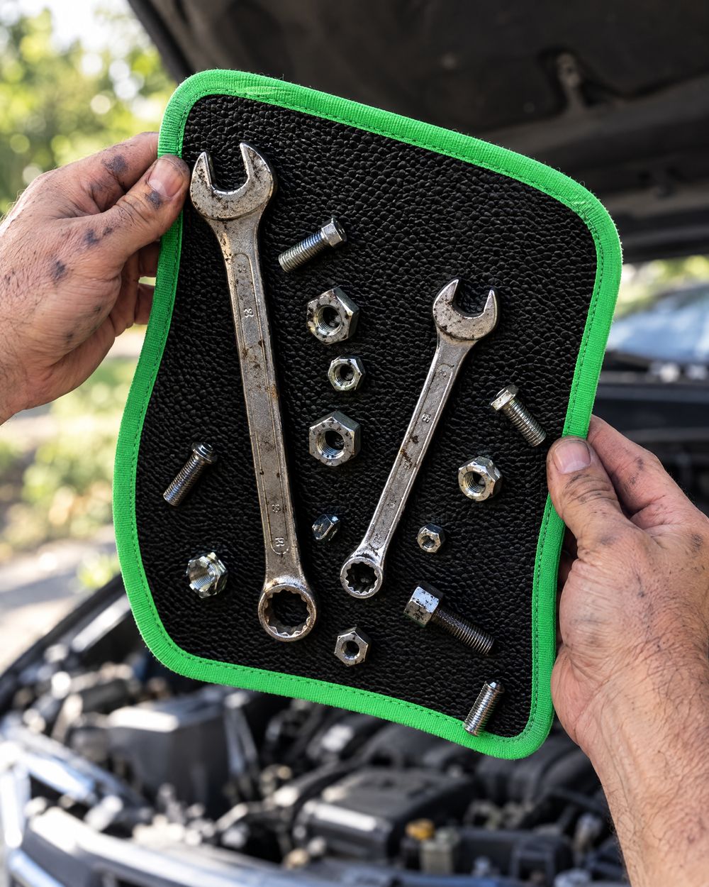 Hands holding the mat up with wrenches, nuts and bolts staying on it