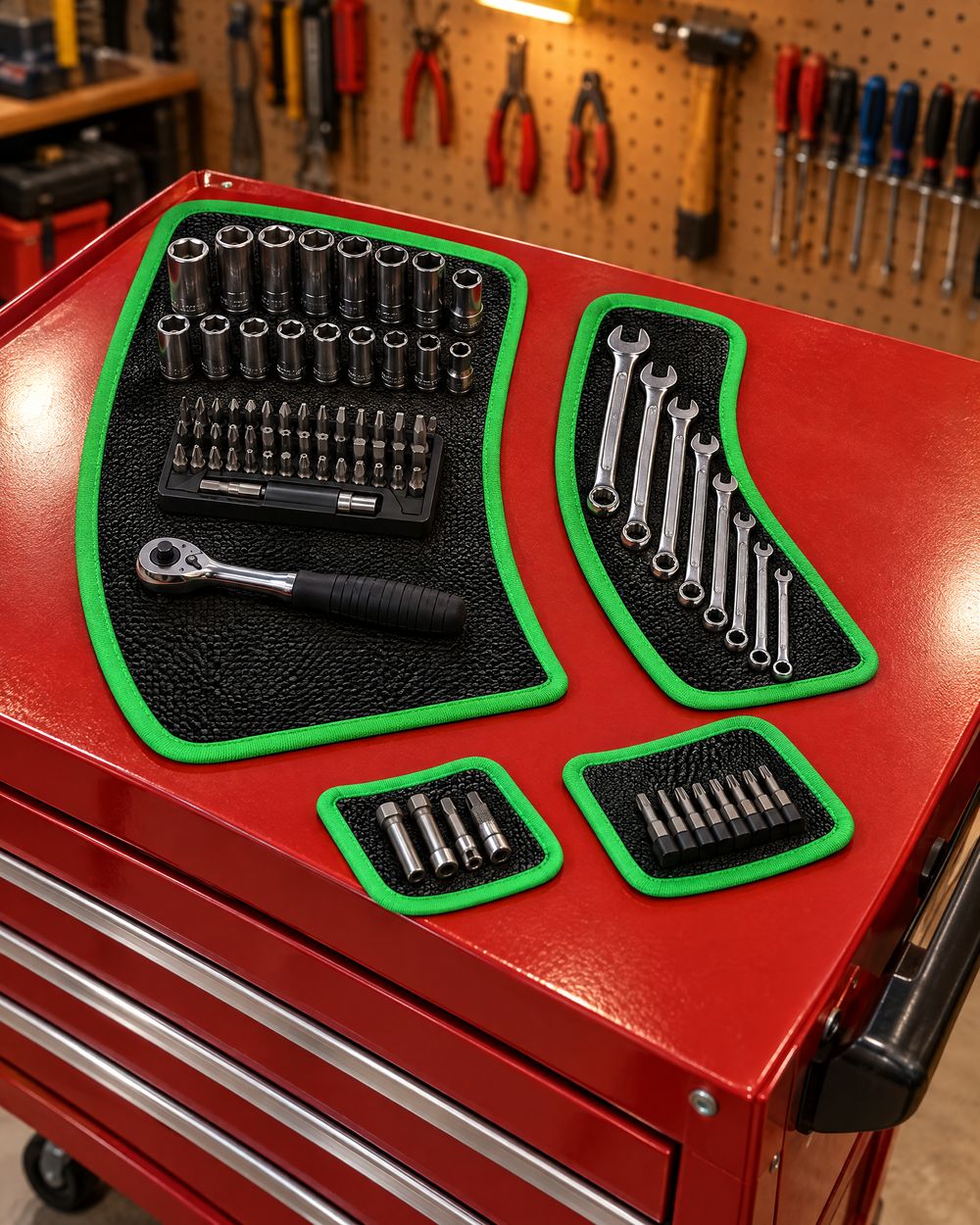 Magnetic mats on a red tool chest holding sockets and wrenches